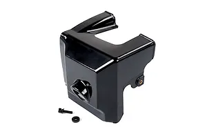 A black Rovan 71cc engine cylinder heat guard with a mounting screw and washer on a white background.