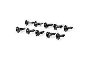 A set of ten black coarse thread button head screws arranged on a white background.