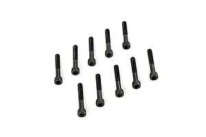 A set of ten black metal cap head screws arranged on a white background.