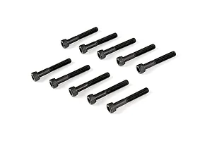 Ten black metal cap head screws arranged in two rows of five on a white background.