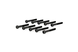 A set of ten black metal cap head screws arranged in two rows on a white background.