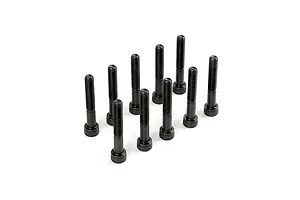 A set of ten black metal cap head screws arranged in a grid pattern against a white background.