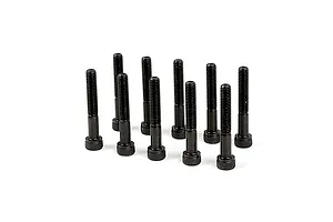 A set of ten black metal cap head screws with partial threading standing upright on a white background.
