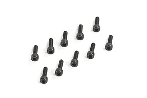 Ten black metal cap head screws arranged on a white background.