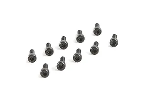 A set of ten black metal cap head screws arranged on a white background.