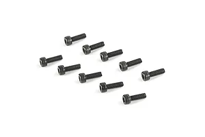 A set of ten black metal cap head screws arranged on a white background.