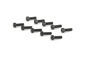 A set of ten black metal cap head screws arranged on a white background.