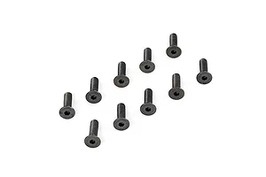 Ten black metal countersunk head screws with hex drive sockets arranged on a white background.