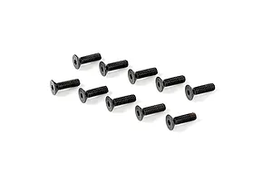 A set of ten black metal countersunk head screws with hex drive sockets arranged on a white background.