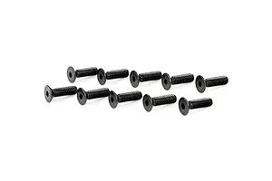 A set of ten black metal countersunk head screws with hexagonal drive sockets arranged on a white background.