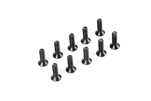 A set of ten black metal countersunk head screws arranged in two rows on a white background.