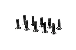 A group of ten black metal countersunk head screws arranged on a white background.