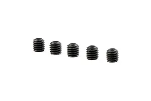 Five small black metal grub screws arranged in a row against a white background.