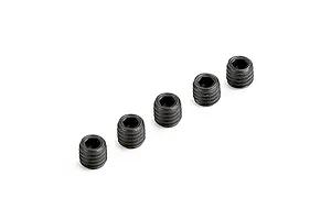 Five black metal grub screws with hexagonal drive sockets arranged in a diagonal line on a white background.