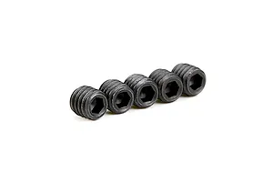 Five black metal grub screws with hexagonal sockets arranged in a row against a white background.