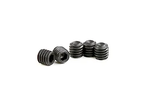 Five black metal grub screws with hexagonal sockets arranged on a white background.