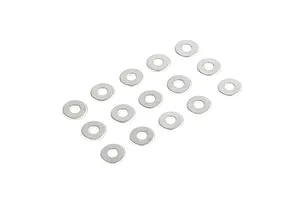 A collection of fourteen small silver metal washers arranged in a grid pattern against a white background.