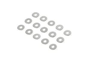 A collection of fourteen small, circular metal washers arranged in a grid pattern against a plain white background.