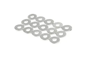 A collection of twelve small, round, silver-coloured metal washers arranged in a grid on a white background.