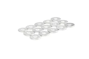A collection of small silver metal washers arranged in a grid pattern on a white background.