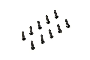 Ten black metal button head screws arranged in a loose group on a white background.