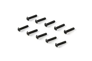 A set of ten black metal button head screws arranged on a white background.