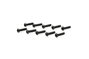 A set of ten black metal button head screws arranged in two rows on a white background.