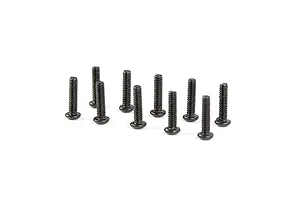 A set of ten black metal button head screws standing upright on a white background.