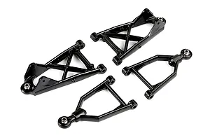 A set of four black Rovan RC front suspension arms, including two upper and two lower A-arms, isolated on a white background.