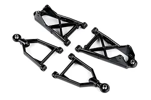A set of four black RC car suspension arms, including two large triangular upper arms and two smaller lower arms with ball joints, isolated on a white background.
