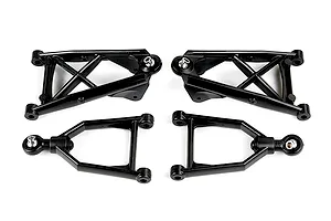 A set of four black Rovan RC front suspension arms, including two large upper arms and two smaller lower arms with ball joints, isolated on white.