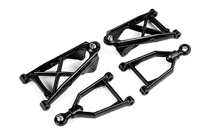 A set of four black plastic RC front suspension arms for a Rovan vehicle, featuring two large A-arms and two smaller wishbone arms with metal ball joints.