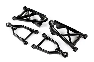 A set of four black plastic RC front suspension arms for a Rovan vehicle, including two large A-arms and two smaller wishbone arms with metal ball joints.