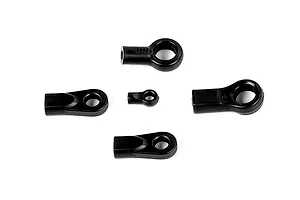 A set of five black plastic RC rod ends of varying sizes arranged on a white background.