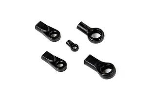 A set of five black plastic RC ball ends of varying sizes arranged on a white background.