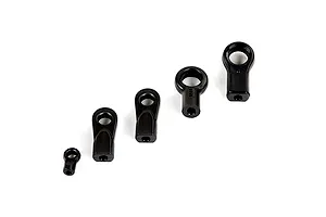 A set of five black plastic ball ends of varying sizes arranged in a diagonal line on a white background.