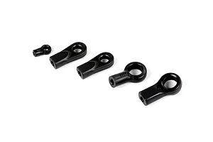 A set of five black plastic RC ball ends of varying sizes arranged on a white background.