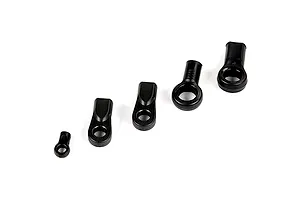 A set of four black plastic ball ends of varying sizes arranged in a row against a white background.