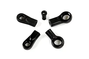 A set of five black plastic RC ball ends of varying sizes arranged in a circular pattern on a white background.