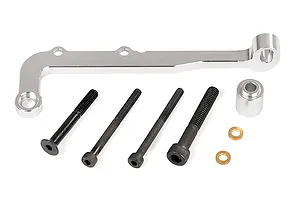 Rovan silver aluminium clutch carrier and brake mount set including a metal bracket, four black screws, a spacer, and two small brass washers.