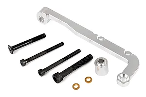 Rovan silver aluminium clutch carrier and brake mount set including screws, spacers, and washers on a white background.