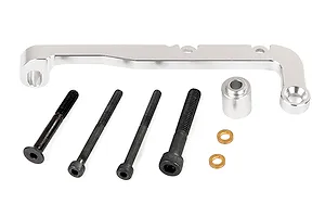 Rovan silver aluminium clutch carrier and brake mount set including metal bracket, spacer, four bolts, and two washers.