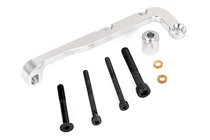 Rovan silver aluminium RC car part with a mounting bracket, spacer, four black bolts, and two small brass washers on a white background.