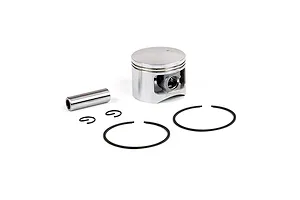A Rovan 45cc dual ring piston kit including the piston, wrist pin, two piston rings, and two circlips on a white background.