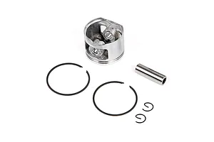 A Rovan 45cc dual ring piston kit including the piston, two piston rings, a wrist pin, and two circlips on a white background.
