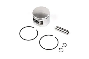 Rovan 45cc dual ring piston kit including piston, two rings, wrist pin, and two circlips on a white background.