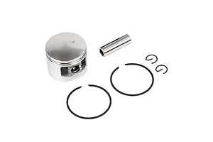 Rovan 45cc dual ring piston kit including piston, wrist pin, two piston rings, and two circlips on a white background.