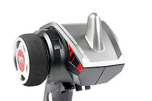 Close-up of the steering wheel and top section of a Rovan BER 2.4Ghz RC transmitter against a white background.