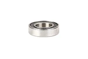 A single metal ball bearing with a black rubber seal, shown at an angle against a white background.