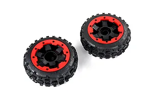 Two Rovan Wasteland RC buggy front wheels with black knobby rubber tires and red beadlock-style rims on a white background.